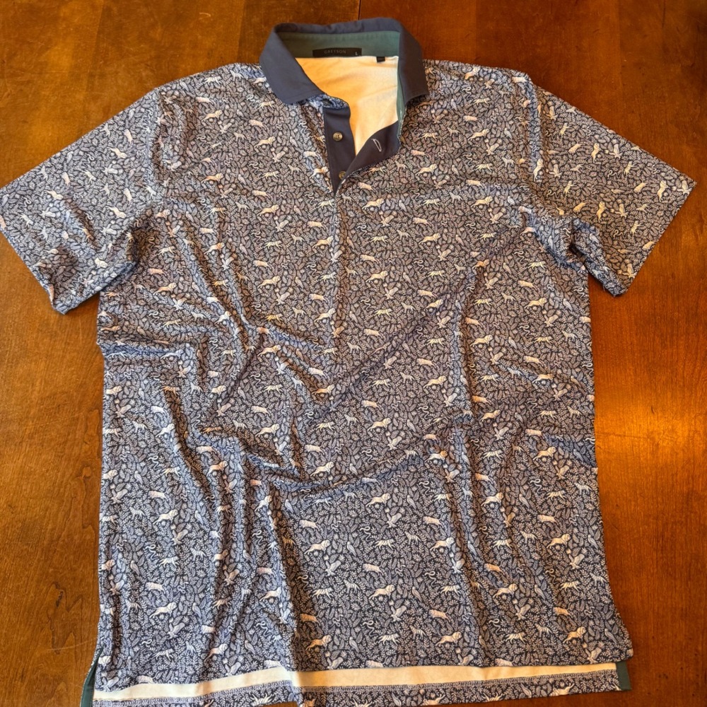 Greyson Polo Shirt Men Large Blue Jungle Animal Print Performance Short Sleeve